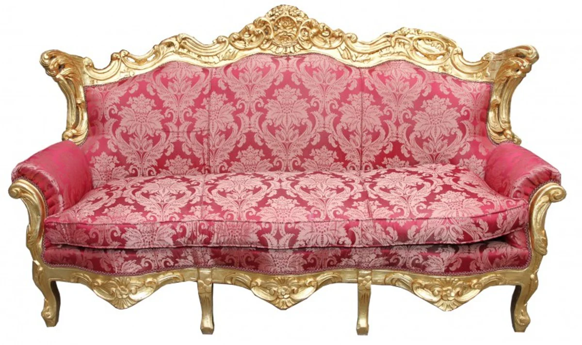 Baroque 3 Seater Sofa Master Bordeaux Pattern / Gold - Living Room Couch Furniture Lounge