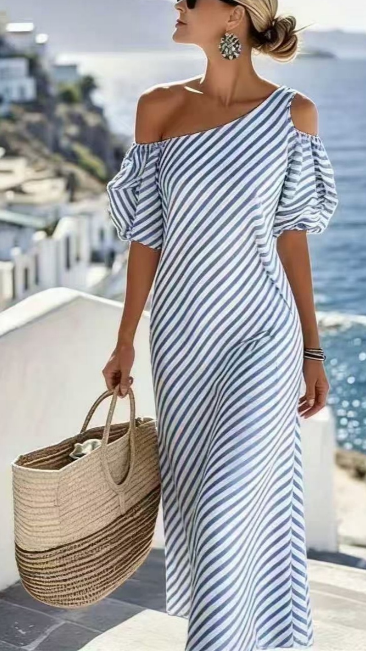 Elegant striped off-shoulder beach dress for women - Nordfashionstorm - Women's Clothing, Fashion for You - Nordfashionstorm.com