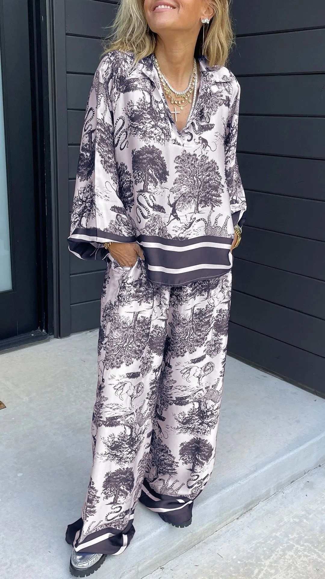 Women's Casual V-Neck Printed Long-Sleeve Two-Piece Set with Pockets - Nordfashionstorm - Women's Clothing, Fashion for You - Nordfashionstorm.com