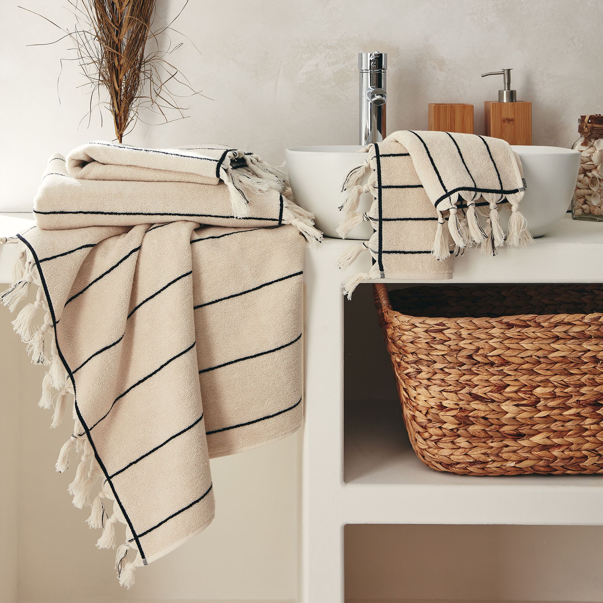 PISELLI - Drap de douche rayé en coton 70x140cm - beige