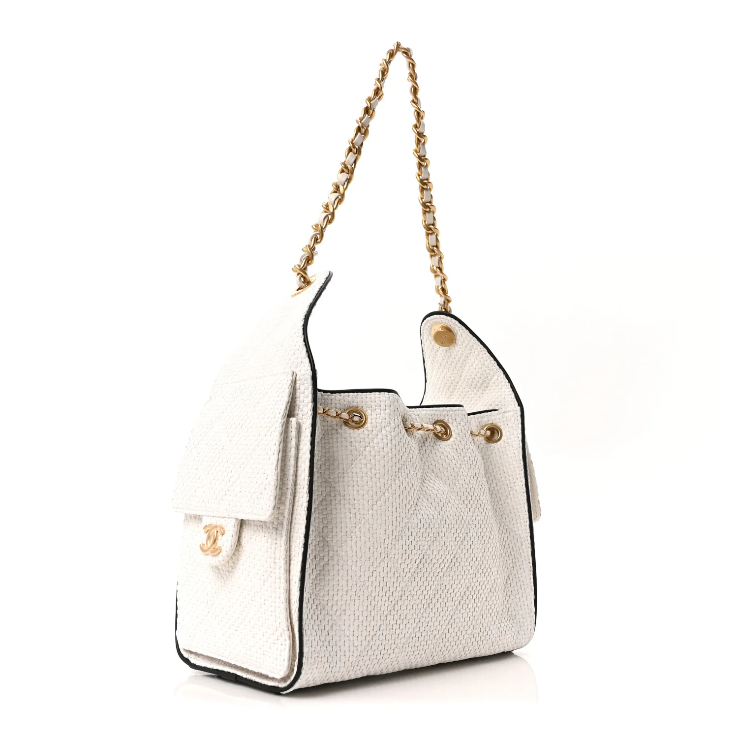 Braided Raffia Calfskin Quilted Small Chanel 25 Handbag White Black - Top Club