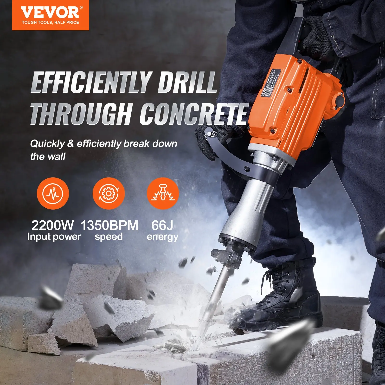 【Summerfinds】VEVOR Heavy Duty Demolition Jack Hammer Power Tool - Electric Impact Drill with 2/4/6 Chisel Bits, 360°C Swiveling Front Handle, Drill Bits for Construction Concrete Breaking, Gloves Included