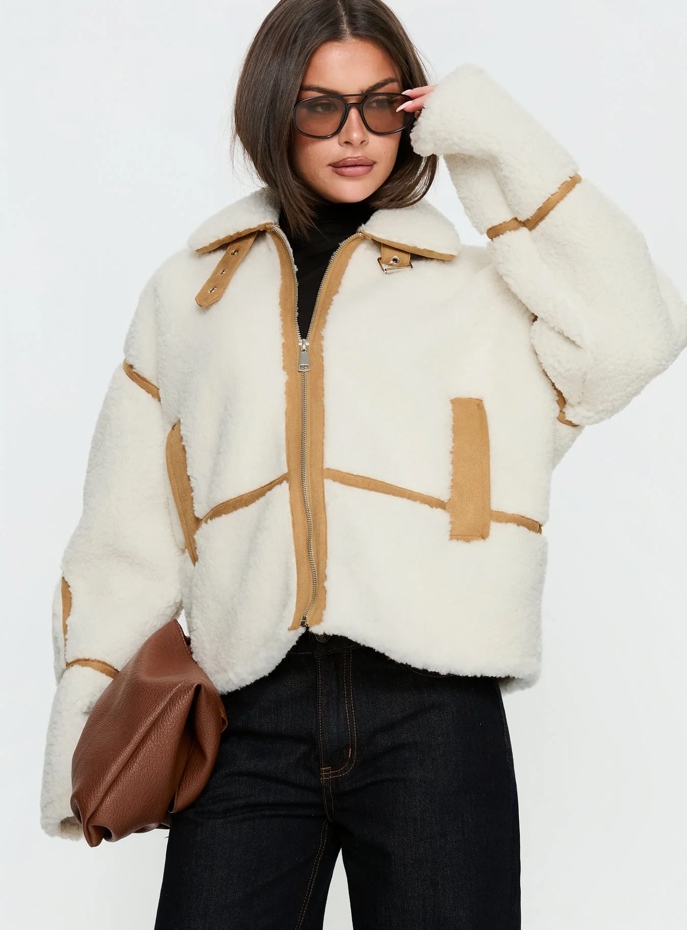 Briane Contrast Teddy Jacket White