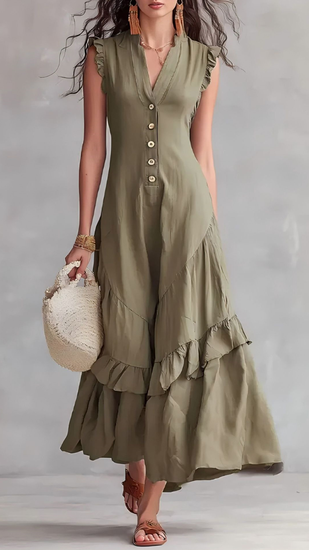 Women's Cotton-Blend Light Blue V-Neck Ruffle Sleeveless Dress - Nordfashionstorm - Women's Clothing, Fashion for You - Nordfashionstorm.com