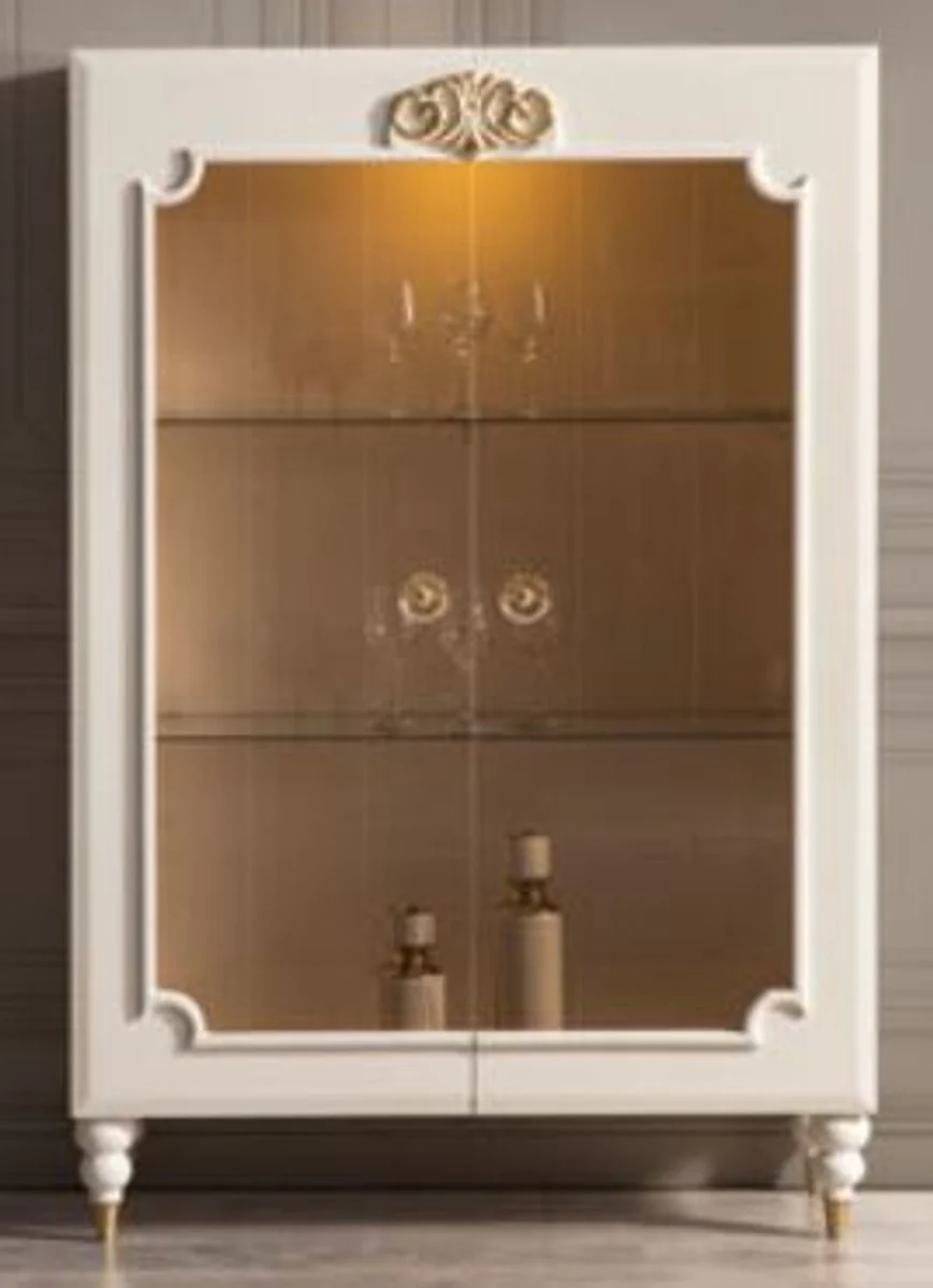 Luxury baroque display cabinet white / gold 116 x 45 x H. 170 cm - Illuminated solid wood display cabinet with 2 glass doors - Elegant baroque furniture