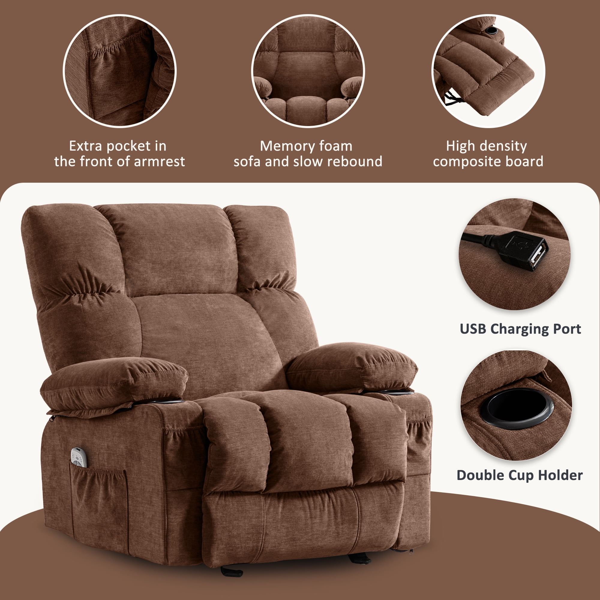 JONPONY Manual Recliner Chair with Heat Therapy and Massage Function, Heavy Duty Reclining Mechanism Massage Chair, Elderly Single Rocker Sofa with Cup Holders for Bedroom Home Theater, Grey