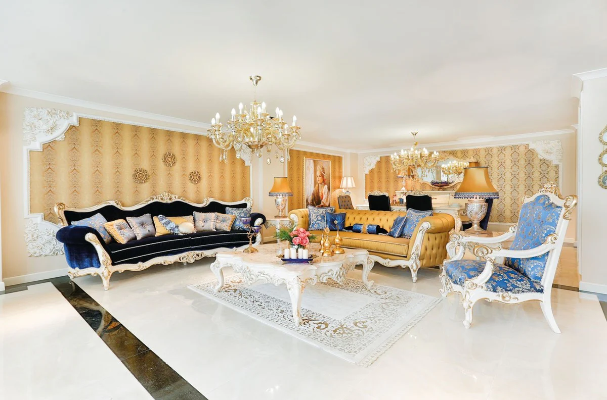 Luxury Baroque Living Room Set Blue / White / Gold - 2 Sofas & 2 Armchairs & 1 Coffee Table & 2 Side Tables - Living Room Furniture in Baroque Style - Noble & Magnificent