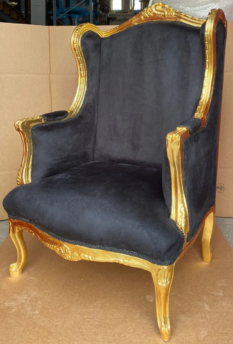 Baroque Wing Chair Black / Gold - Handmade Antique Style Living Room Armchair - Antique Style Furniture - Baroque Living Room Furniture