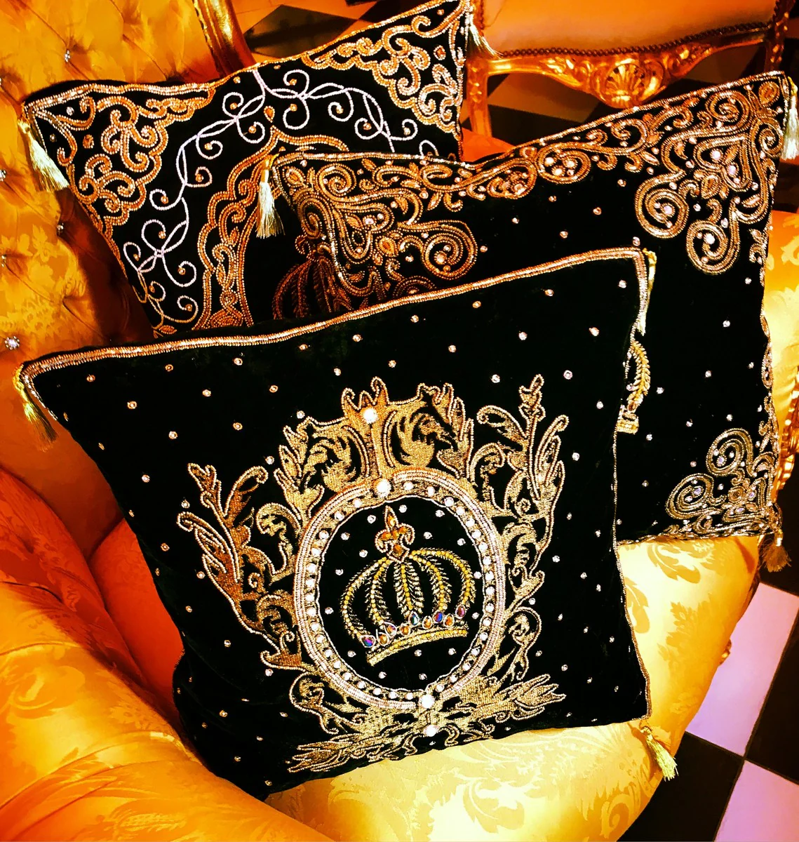 Harald Glööckler luxury baroque decorative cushion Pompöös by Krone black / gold elaborately decorated with sequins and rhinestones