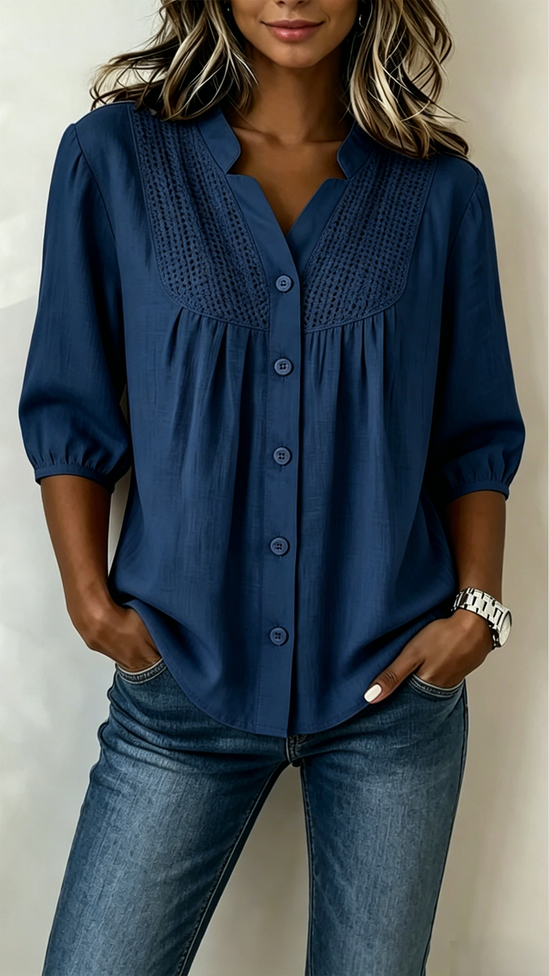Women's  Crochet Detail Cotton-Blend Blouse - Nordfashionstorm - Women's Clothing, Fashion for You - Nordfashionstorm.com