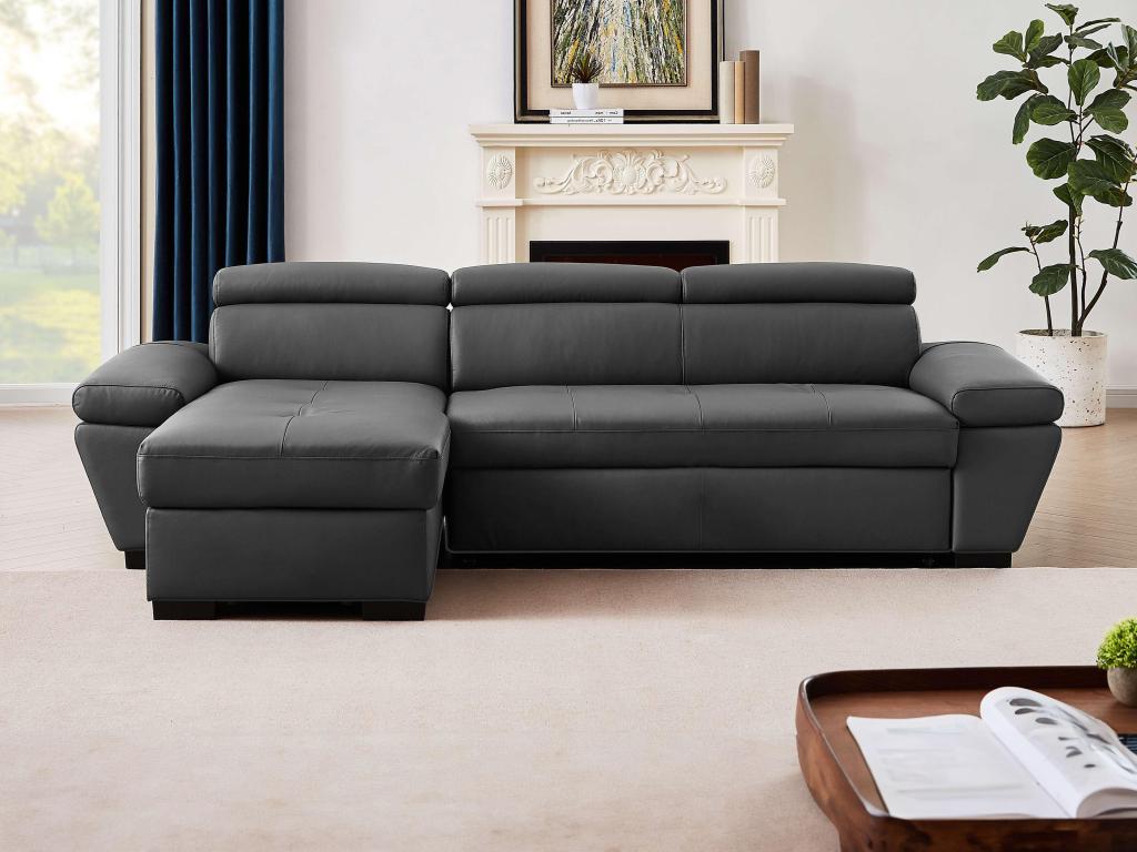 Sofá cama rinconero de piel JONOVA - Gris antracita - Ángulo izquierdo