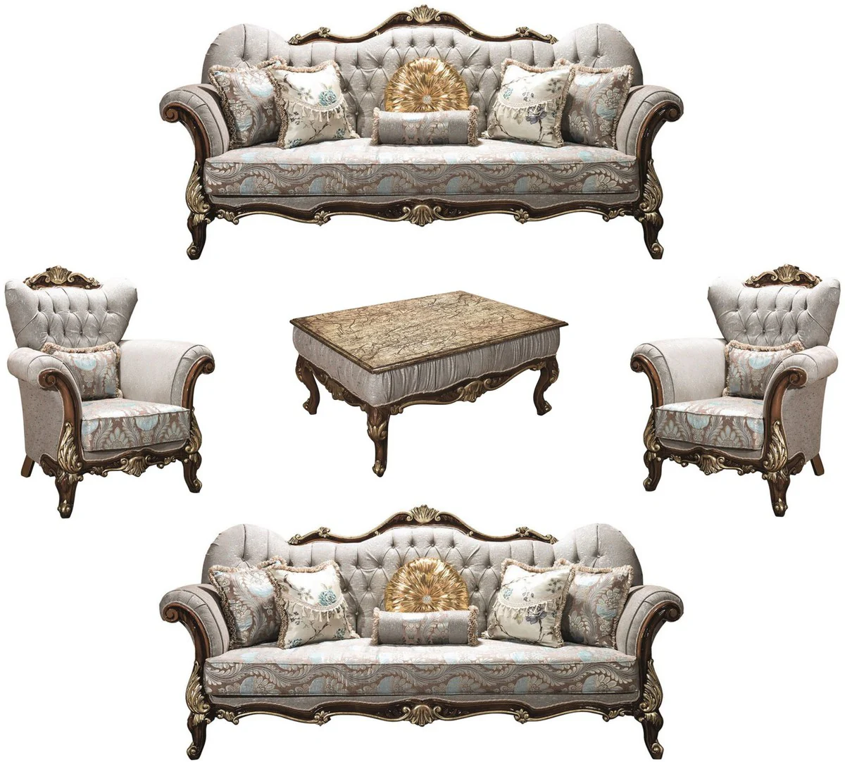 Luxury Baroque Living Room Set Silver Gray / Brown / Gold - 2 Sofas & 2 Armchairs & 1 Coffee Table - Living Room Furniture - Noble & Magnificent