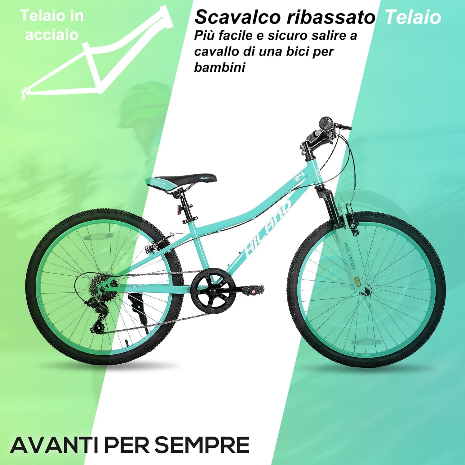 HILAND Climber Mountain bike per bambini, 24 pollici, 7 velocità, con forcella ammortizzata, freni a V, unisex, Nero/Blu/Verde/Rosa